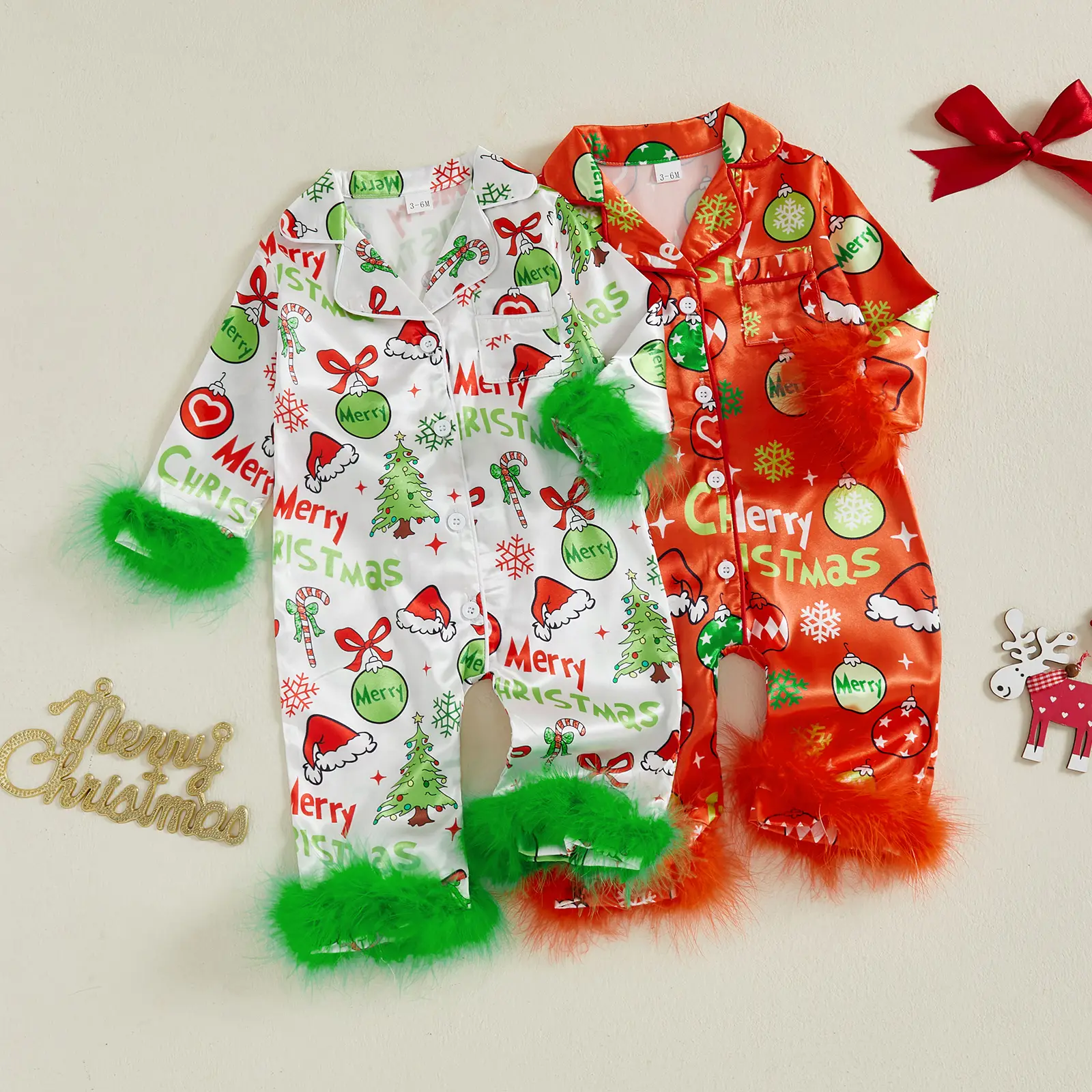 Baby Girl Christmas Pajamas Christmas Element Print Fur Trim Button Down Lapel V Neck Long Sleeve Romper
