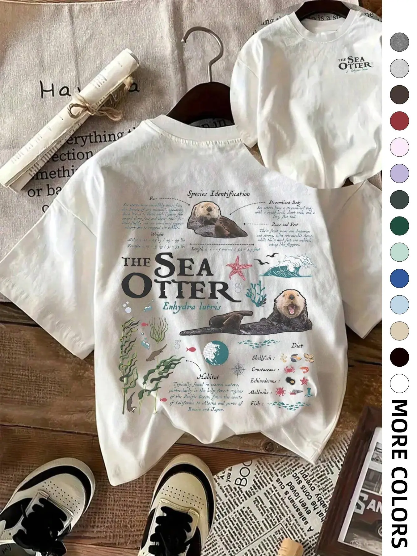 Women's Sea Otter Print Round Neck Tee, Casual Everyday Tee, Casual Short Sleeve T-shirt for Daily Wear, Ladies Clothes for All Seasons, Top, Womenswear