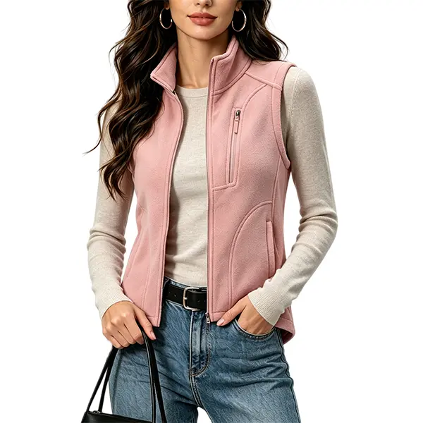 Minimalist sleeveless outerwear for young women made of chenille fleece, featuring a smooth main zipper closure and multiple pockets; soft and comfortable to wear, suitable for weekend gatherings, shopping, and everyday streetwear looks.
