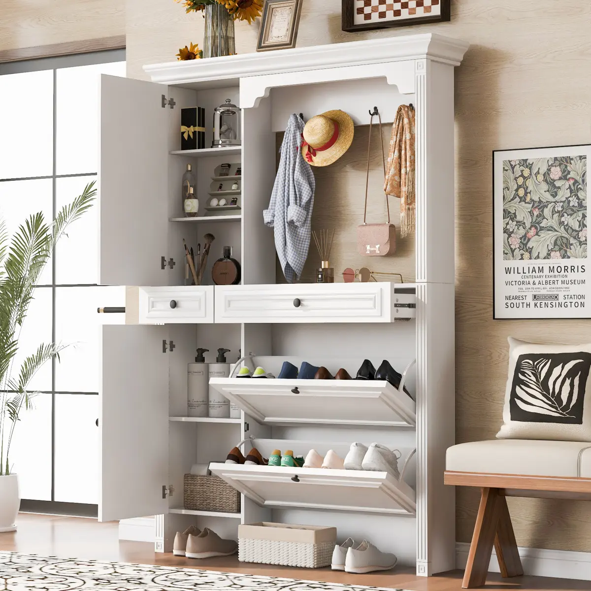 [Bellemave]VIBE HAUS 51.1/54.7'' Hall Tree with Integrated Shoe Cabinet and Mirrored Cabinet Door, Coat Hanger, Entryway Bench, 4-in-1 Design, 2 Flip Drawers, 4 Hooks and 2 Cabinets for Entrance,Living Room    RR