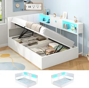 Corner Twin Lift Up Storage Bed Frame with Charging Station & LED Lights, Twin Day Bed with Upholstered Headboard and Bookcase, Corner Beds with Hydraulic for Kids Teens Guests