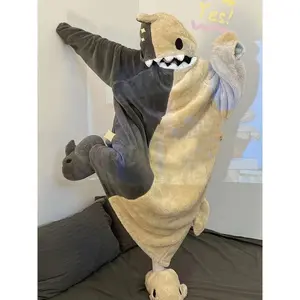 Winter one-piece couple sleeping bag — cute cartoon shark nightgown made from flannel coral velvet for men and women; clothing fabric; hoodie suits; long sleeves; womenswear collar; polyester