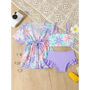 Sweet 3pcs Summer Vacation Swimsuit Set for Young Girls and Baby Girls Floral Sun Protection Cardigan Ruffle Trimmed Swim Bottoms Beachwear Set Seaside Hot Spring Travel Outfits