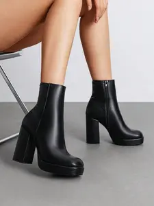Women's Platform Chunky Heel Ankle Boots – Retro Square Toe Side Zipper