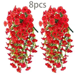 8 bouquets of hanging artificial petunia flower arrangements, paired with eucalyptus leaves. Easy to maintain and long-lasting decorative artificial flowers for indoor, outdoor, garden, patio, balcony and terrace decoration. Fall-themed ornaments for fest
