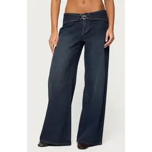 Edikted Women's Briah Belted Low Rise Wide Leg Jeans