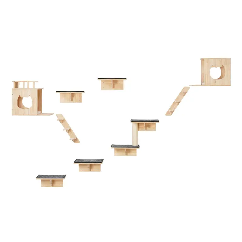 VEVOR Wood Wall Mounted Cat Shelves Set of 9 - Cat Perches with Jumping Boards, Beds, Hammocks & Tree, Up to 40 lbs Capacity for Sleeping, Playing,toolupgrade
