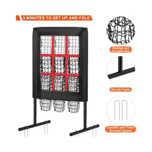 9-Hole Adjustable Baseball Pitching Net with Target Pocket, Designated-Size Hitting Area, Portable Baseball/Softball Training Equipment with Quick Portable Setup
