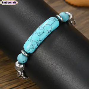 Vintage Turquoise Bracelet for Women, Natural Stone Stainless Steel Chain Bracelet, Bohemian Western Jewelry, Minimalist Layered Wristband Gift for Daily Wear