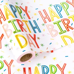 Metallic Foil Birthday Gift Wrap Paper, Colorful Happy Birthday Letter Pattern, DIY Craft Decor, 43.2cm X 500cm, Baby Shower Party Supplies