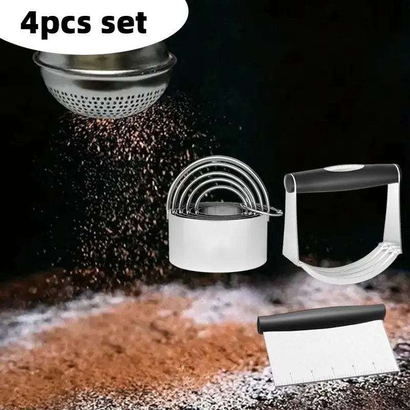 Stainless Steel Biscuit Cutter Set, Flour Duster, Pastry Scraper and Dough Blender, Sturdy & Long-Lasting with Ergonomic Rubber Grip, Professional Baking Dough Tools, Gift Package (4 Pcs/Set)