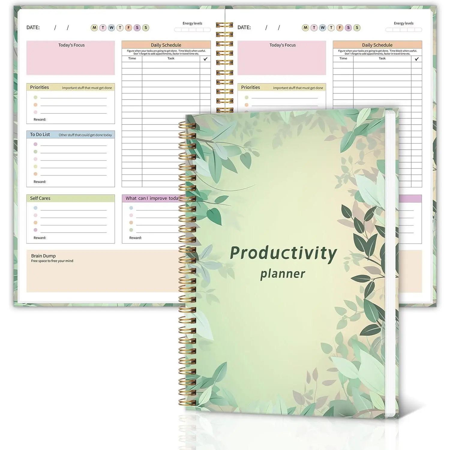 Daily Planner with Hardcover for Men & Women ,Productivity Planner & Undated Task Management Organizer Daily Schedule,Self-Care,To-Do List for Neurodivergent Adults, Focused Planners for Adult & Teens - Green Leaves