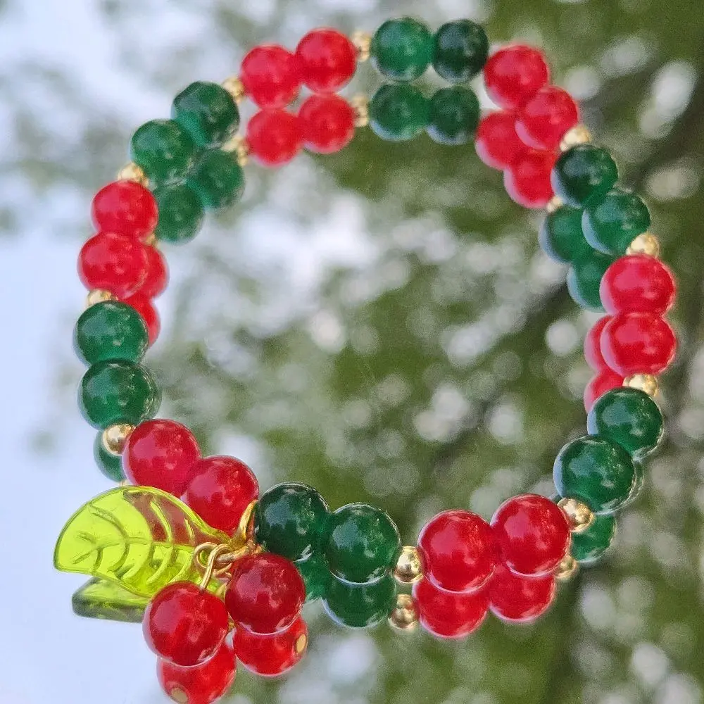 Cherry Bracelet with Red Gold and Green Beads - Elegant Design & Colorful Beads - Versatile Accessory for Any Outfit