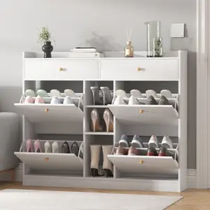 NAIYUFA Shoe Rack With 4 Filp Drawer Door, Freestanding Shoe Cabinet Organizer,Large Capacity White Wood Cabinet With Drawer For Entryway ,Hallway