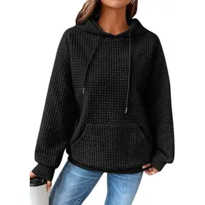 Women's Waffle Knit Hoodie - Long Sleeve Drawstring Pullover Sweatshirt with Kangaroo Pocket, Oversized Casual Loose Fit for Fall Winter, Comfortable & Stylish Everyday Wear