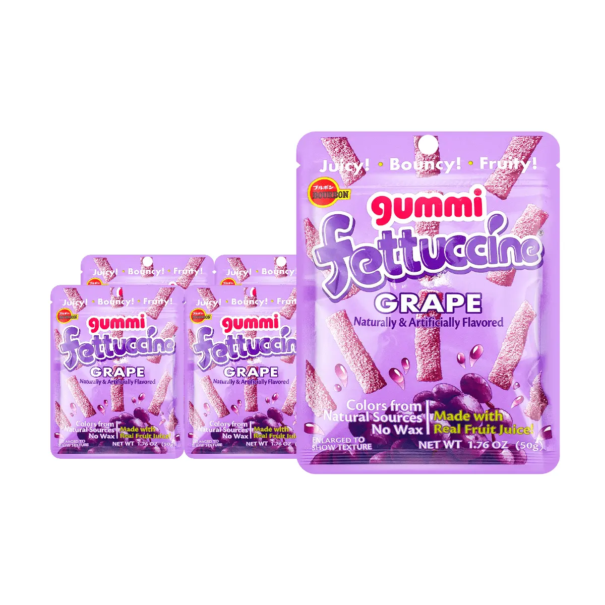 5 Pack BOURBON Japanese Fettuccine Long Gummy Candy Grape 1.7 oz Each - Chewy Q-Elastic Candy