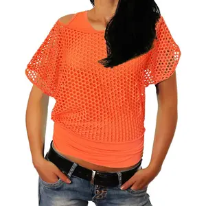 Women Casual Sexy 80s Costumes net Neon Off  T-Shirt
