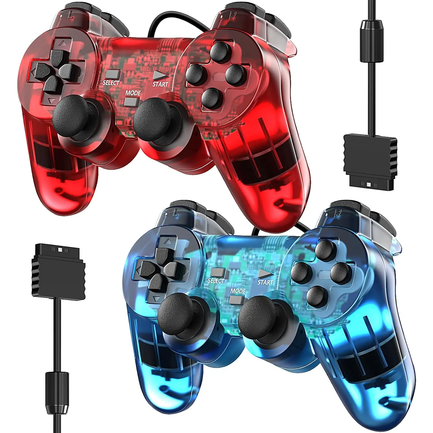 Wired Controller for PS-2  Double Shock Gamepad Joystick Remote Compatible with Play 2 (Clear Red and Clear Blue)
