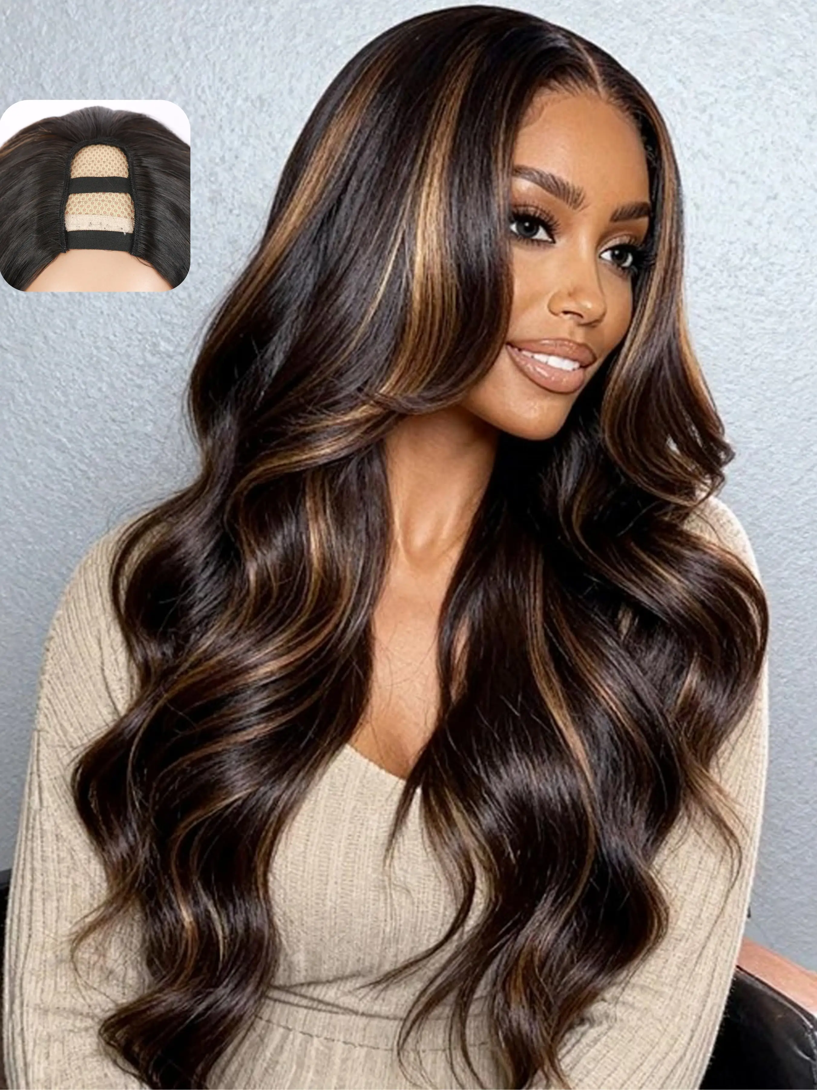 Heat Resistant U Part Wavy Synthetic Wig, & Highlight, 150% Density, 26 Inch, Glueless, Beginner Friendly, Clip in Vpart Wig, Synthetic Wavy Hair, Synthetic Hair Wigs