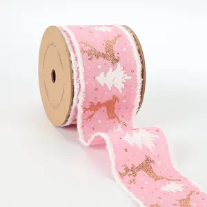 2 1/2" Holiday Wired Ribbon | "Reindeer/Tree" Pink/Natural | 10 Yard Roll BowMaking Wreath Garlands Christmas Decor christmas ribbon
