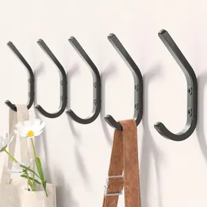 Wall Hooks for Hanging Coats - 5 Pack Black 3.2'' Double Hook Design, Hat Organizers, Wall Mount Hangers for Bags and ,  for Garage, Workshop, Entryway, Closet, and DIY Projects