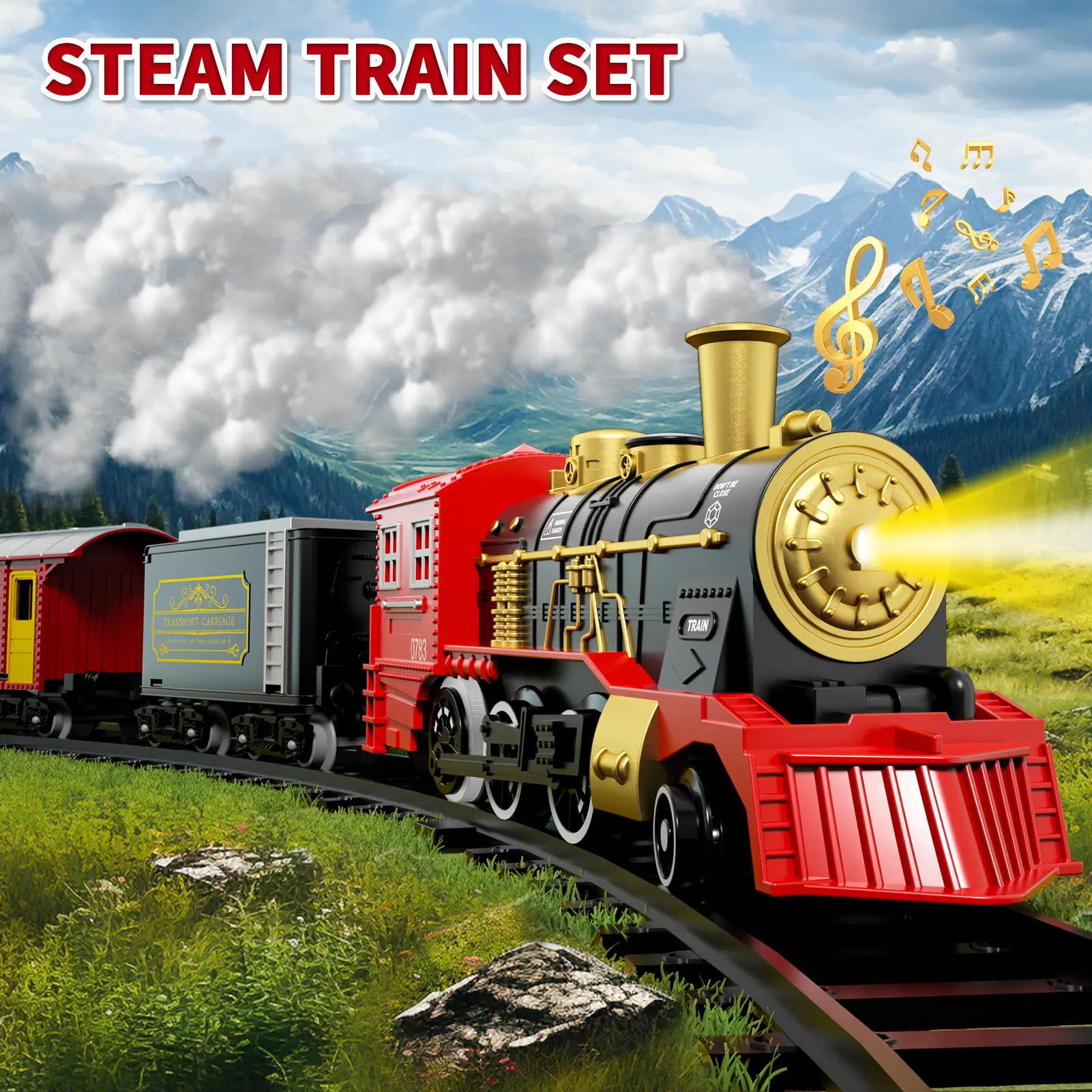 Battery-powered electric train set with easy-to-assemble tracks, featuring colorful lights and realistic train horn sounds. Includes a complete track set with a locomotive and four cars, Educational indoor pretend play toy for children aged 3 and up
