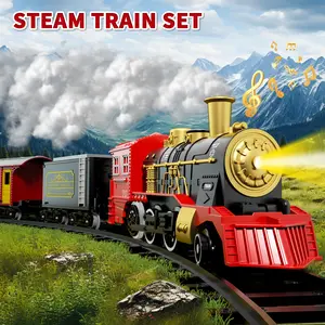 Battery-powered electric train set with easy-to-assemble tracks, featuring colorful lights and realistic train horn sounds. Includes a complete track set with a locomotive and four cars, Educational indoor pretend play toy for children aged 3 and up