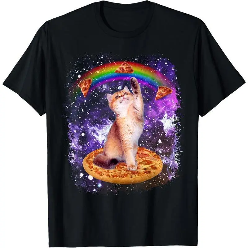 Cute Animal Print T-Shirt for Women & Men, Casual Streetwear Graphic Tee with Space Cat Pizza Design, Comfortable Top