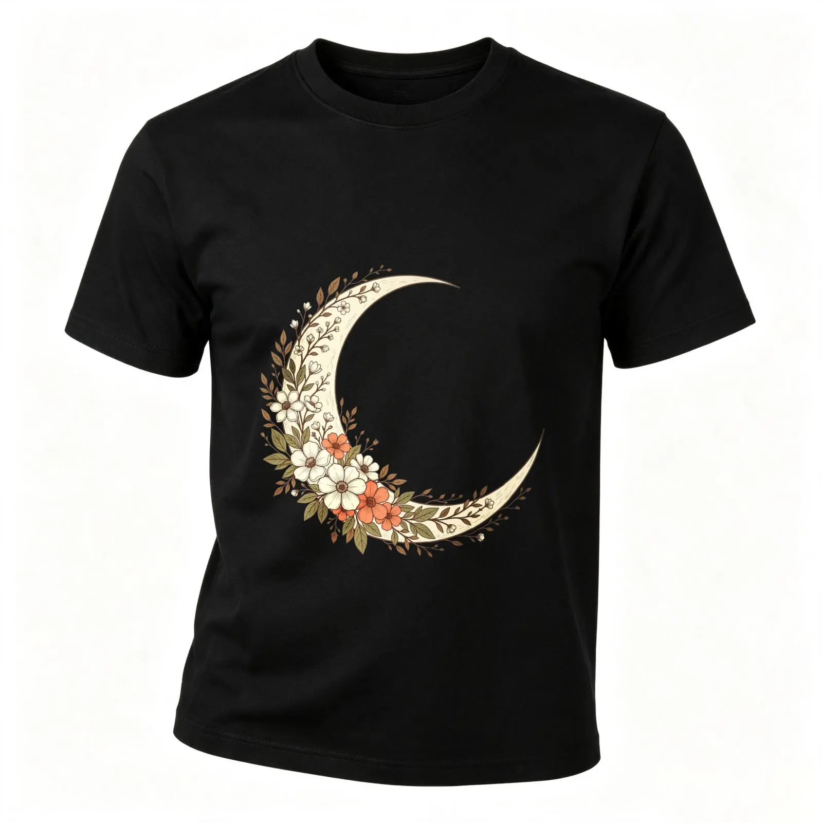 Women's Carpesun Bohemian Print T-Shirt - Short Sleeve Tops, Floral Crescent Moon Design, Breathable Knit Soft Cotton, Classic Cut Crew Neck, Unisex Casual Wear Gift For Loved Ones, Floral Moon
