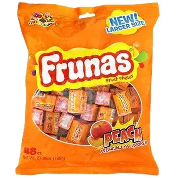 Frunas Peach Flavor Chewy Candy Treat - 48-Pack Artificially Sweetened Low Fat Protein Bites, Peachy Taffy Chew Fruity Snacks, 1.33 lbs, All Ages, 24-Month Shelf Life Cupboard Storage