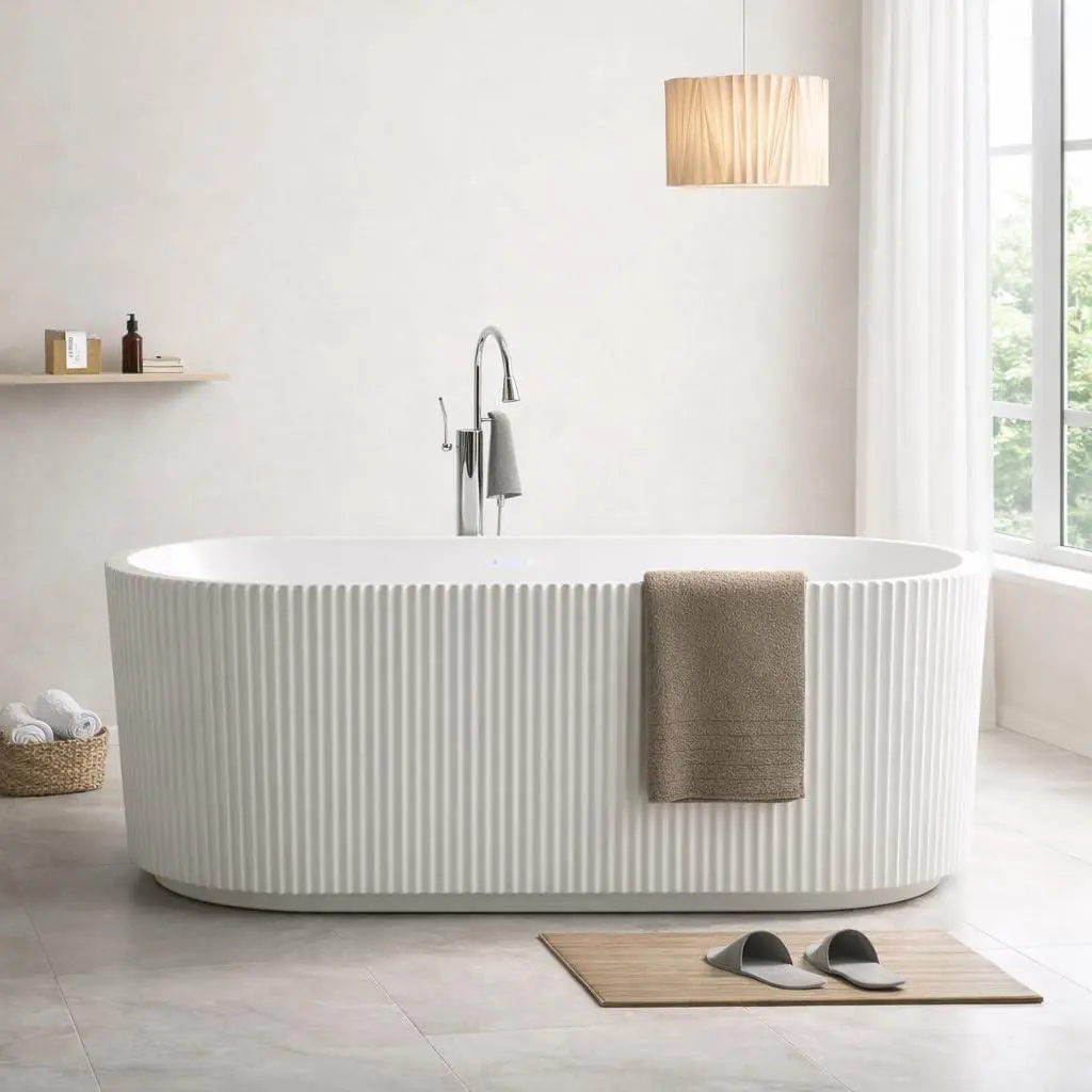 59 Inch Acrylic Freestanding Bathtub, Deep Soaking Tub with Non-Slip Base, cUPC Certified Free Standing Tub, Chrome Drain Bath Tub, Modern Tub for Bathrooms, White