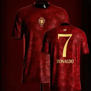 Ronaldo #7 Portugal Home Soccer Jersey – Red National Team Shirt with Gold Number, GOAT Back Print, Portuguese Cultural Pattern, Breathable Quick Dry Football Apparel for Fans & Collectors