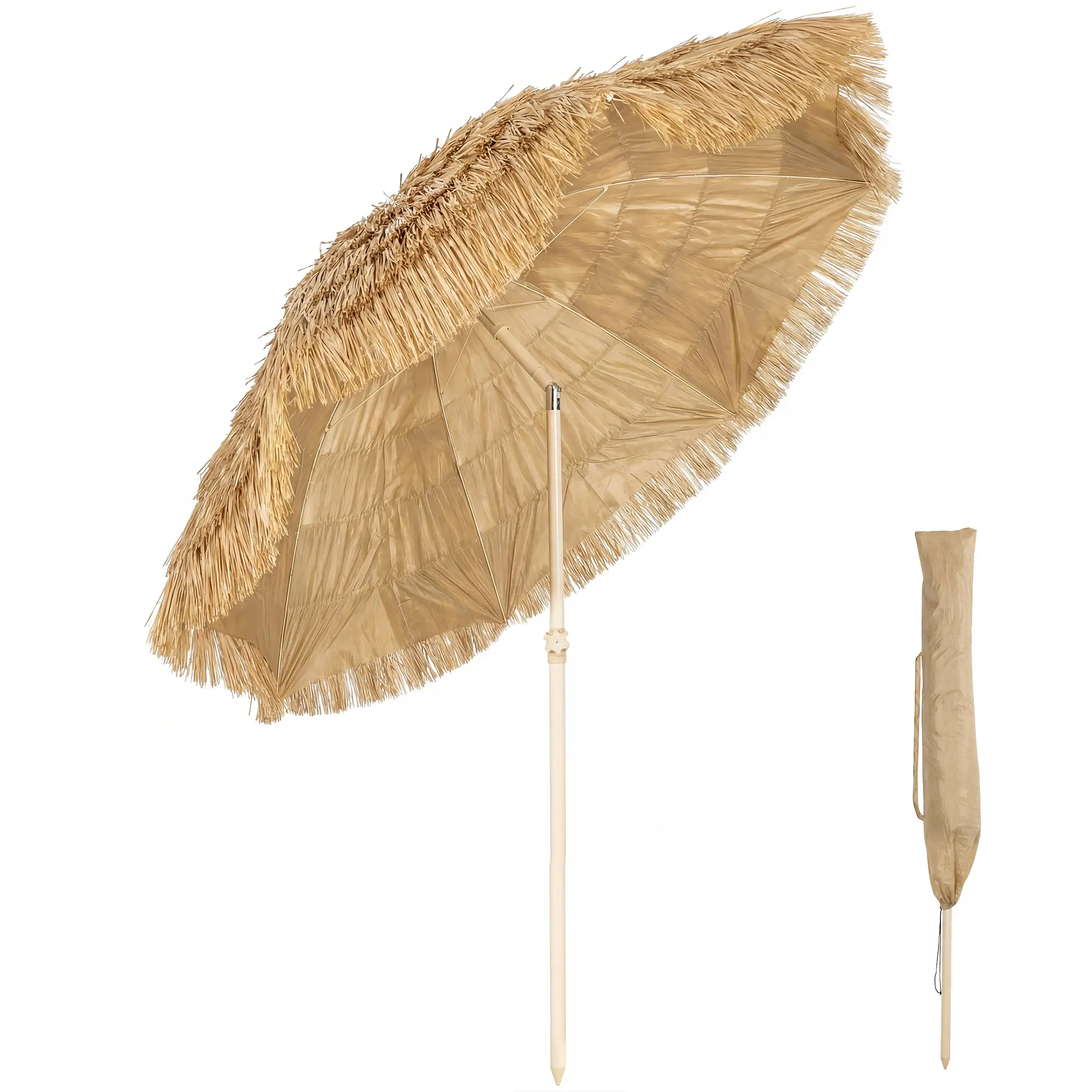 Outsunny 6FT Round Hawaiian Style Patio Umbrella - Sun Protection Canopy & Shade, 8 Ribs, Carry Bag, Tropical Palapa for Pool, Beach, Khaki (Hawaiian Parasols Category), Hawaiian Parasols, Canopies & Shade