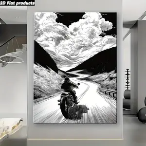 2D Flat, Vintage Motorcyclist Riding Down Winding Road Black & White Canvas Art Print -  Wall Decor with Wrap-Around , HD Printing for Living Room, Bedroom, Office - Classic Motorcycle Poster, Housewarming Gift, Home Decoration, Interior Des