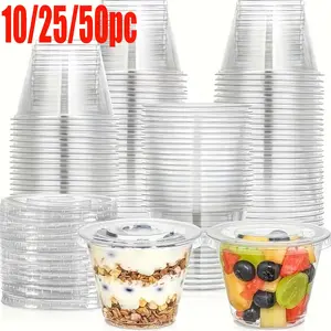 10/25/50/pc10OZ (300ml) transparent plastic cup with flat lid, simple design, durable, suitable for any cold drink, can hold fruits, candies, etc., Disposable cups