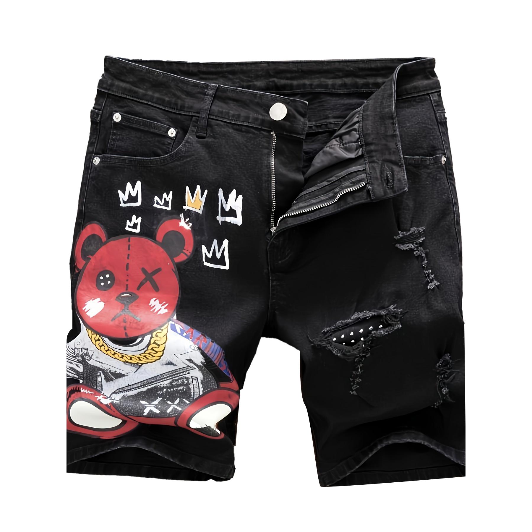 Men’s summer straight-leg black denim shorts with bear print, distressed/ripped details, European & American fashion trend