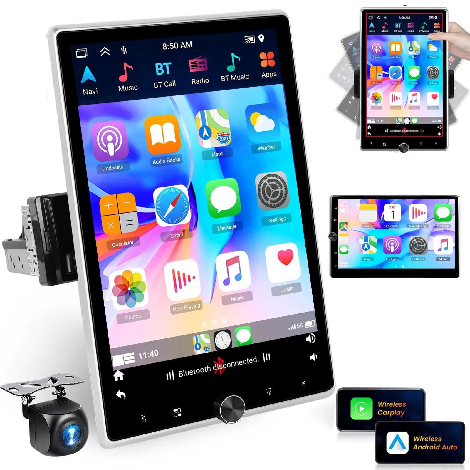 10.4 Inch Single Din HiFi Android 13 Touchscreen Car Radio Stereo - 2+64G, 4-Core, Built-in GPS Navigation, SWC, Phonelink, Bluetooth, 50 Radio Themes, Split Screen, WiFi, FM, 10EQ, AHD Backup Camera, Auxiliary Input, Waterproof Function, Night Driving