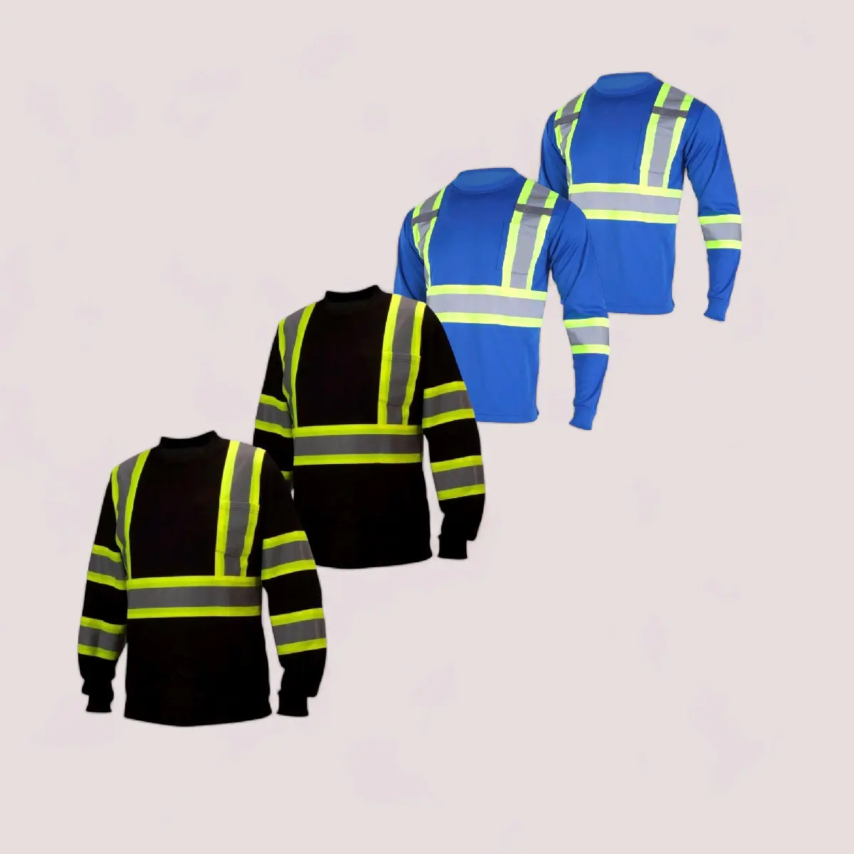 Safety Shirts for Women, 4-Pack Black & Blue Long-Sleeve High Visibility Workwear with Reflective Tape, Lightweight & Breathable Polyester, Workwear Apparel, Quick-Dry Fabric, Less Damp, Long Sleeves For Added Cover, 4‑Pack Value