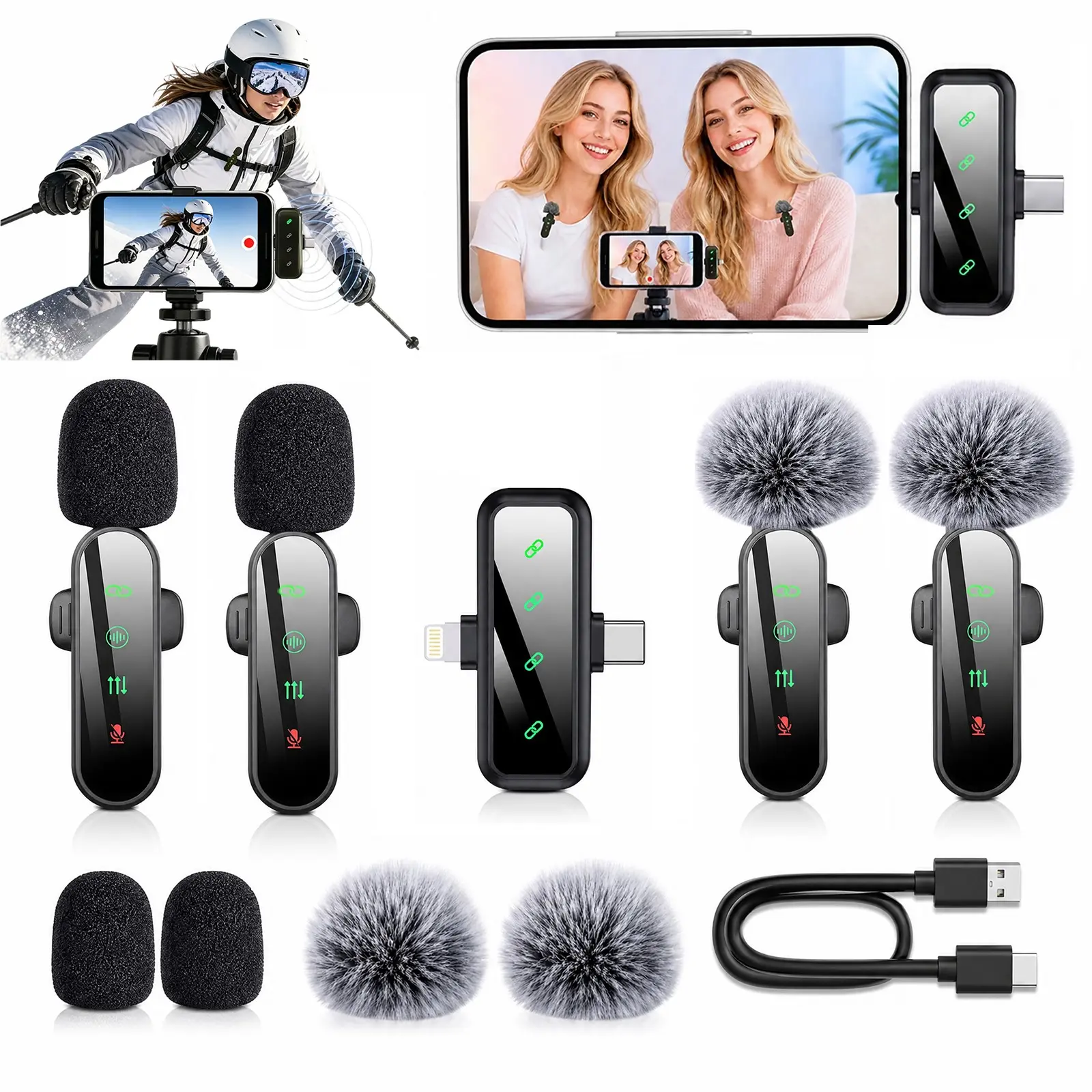 4-Pack Wireless Lavalier Microphone, 360° Omnidirectional, Dual Receiver, Compatible with iPhone/iPad/android, USB-C/lightning, Noise Reduction, Live Streaming Mic, Vlogging, Podcasting, Live Broadcasting Equipment