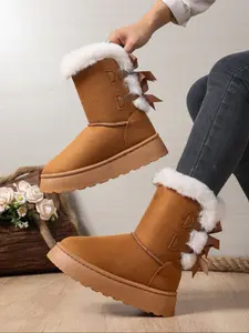 Women's Winter Thick Sole Snow Boots, Fleece Lined Warm Butterfly Knot Fur Trim Chunky Heel Short Booties, Comfortable and Stylish