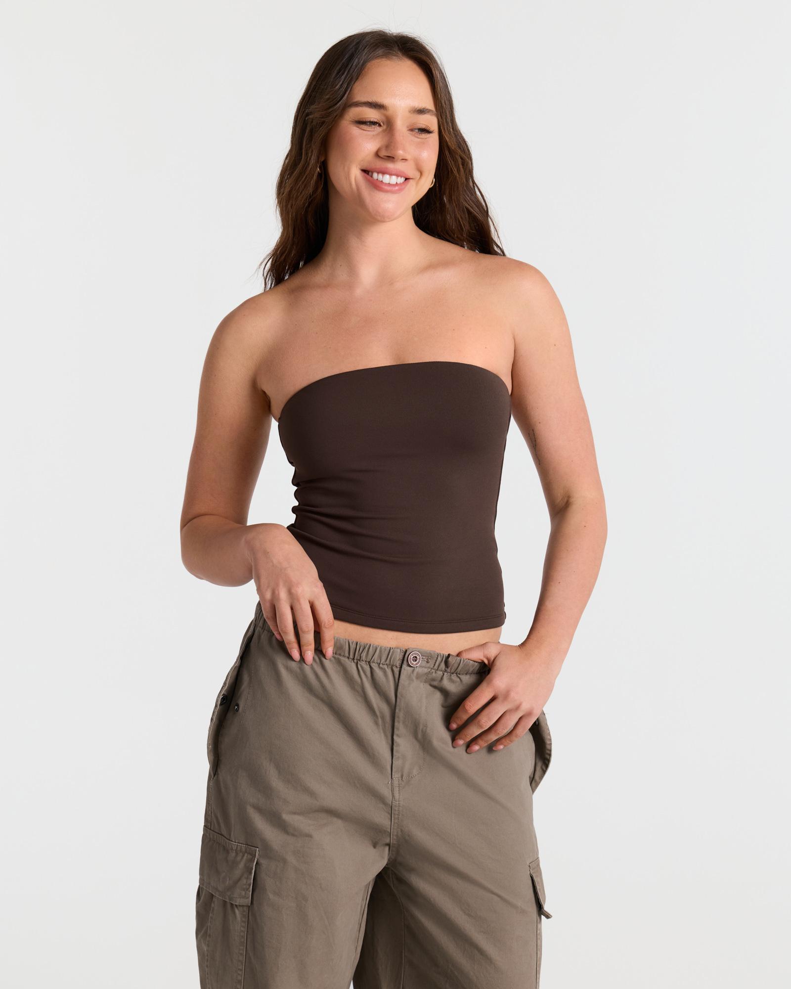 SOLBRACE Women's Double Layer Bandeau Crop Tube Tee, Buttery Soft High Stretch Fabric, Snatched Tight Fit Ultra Stretchy Not See-Through, Daily Layering Essential