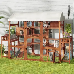DOMISO Large Wooden Outdoor Cat Enclosure Wooden Catio with 2 Plant Stands, Large Walk-In Cat Enclosure with Tarp Roof, Multi-Level Cat Playpen with Weather-Resistant Roof, Resting Box, Climbing Ramps & Wire Mesh for Backyard Patio
