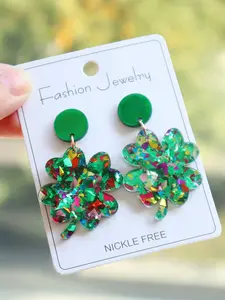 Acrylic Glitter Clover Earrings, Bling Four Leaf Clover Dangle Earrings, Lucky Irish Jewelry, Minimalist Vintage Party Accessory, Fashionable Jewelry