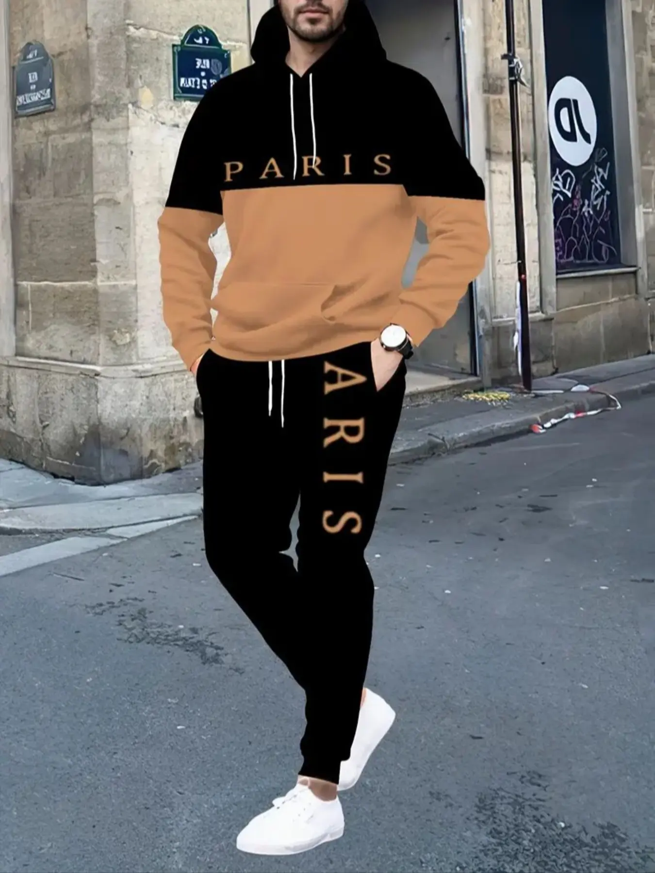 Men's Casual Matching Colorblock Patchwork 3D Printed Sweatshirt and Pants Set, Knit Fabric, Fitted Long Sleeve, Fall & Winter Series