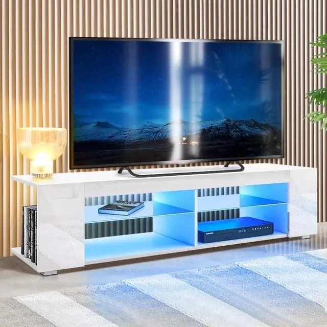 High Glossy Modern TV Stand Shelves with LED Light 4-Shelf Console Cabinet for Home Office Living Room Furniture
