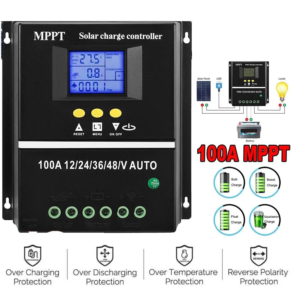 100A MPPT Solar Charge Controller - 4000W High-Efficiency Hybrid Regulator with LCD Display, Auto Voltage Recognition, Massive Power Support, Wide PV Range, Dual USB Ports for RV Off-Grid Systems (12V/24V/36V/48V Lead-Acid & Lithium Batteries), Mppt Solar
