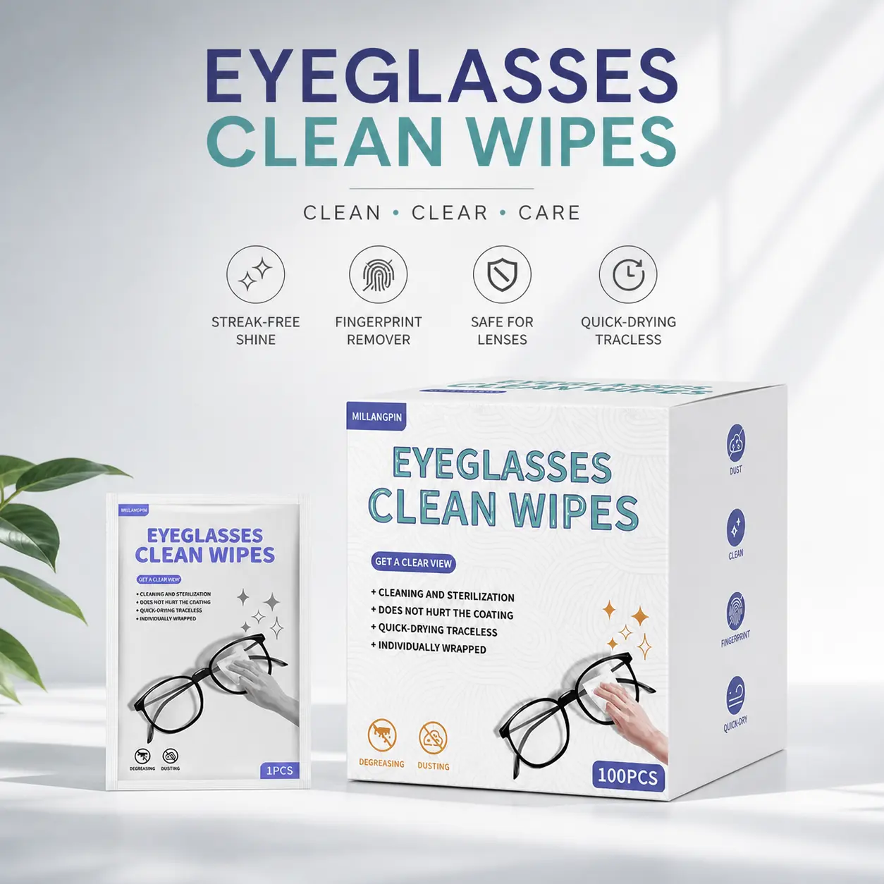 100 pcs Lens Wipes for Eyeglasses, Eyeglass Lens Cleaning Wipes Pre-moistened Individually Wrapped Sracth-Free Streak-Free Eye Glasses Cleaner Wipes for Sunglass, Camera Lens, Goggles