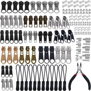 210 count Zipper Repair Kit Replacement Sliders Zip Bottom/Top Stop Latch Slider Retainer Insertion Pins Nylon Zipper Pulls Install Pliers Tool for Clothing Jackets Luggage Bags and Outdoor Gear