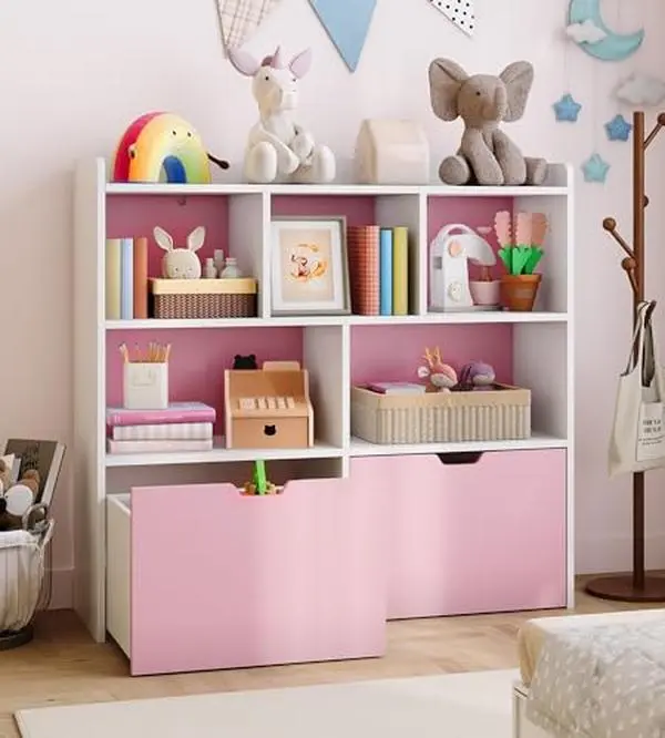 Toy Storage Organizer, Kid Bookshelf, Toy Storage Cabinet, Toddler Book Shelf for Kid Room, Bedroom, Nursery, Living Room, Pink