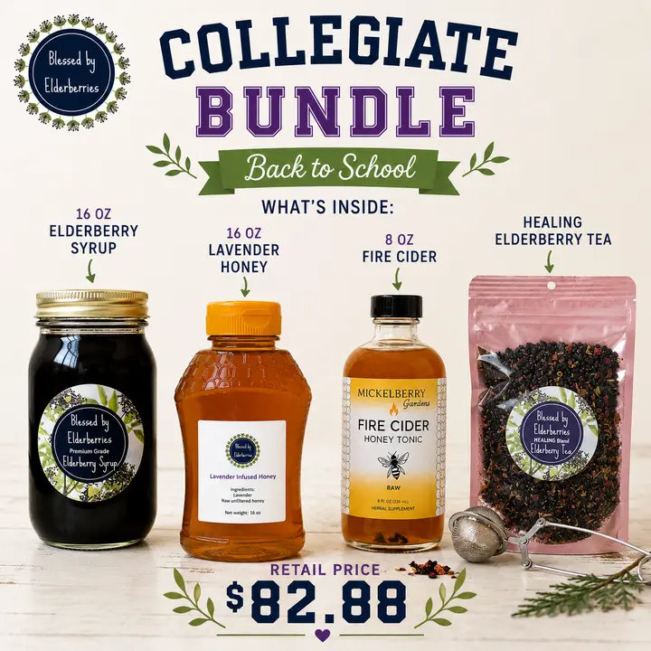 The Collegiate Back to School Bundle - 16oz Elderberry Syrup, 8oz Fire Cider, 16oz Lavender Honey, 4oz Healing Blend Herbal Tea